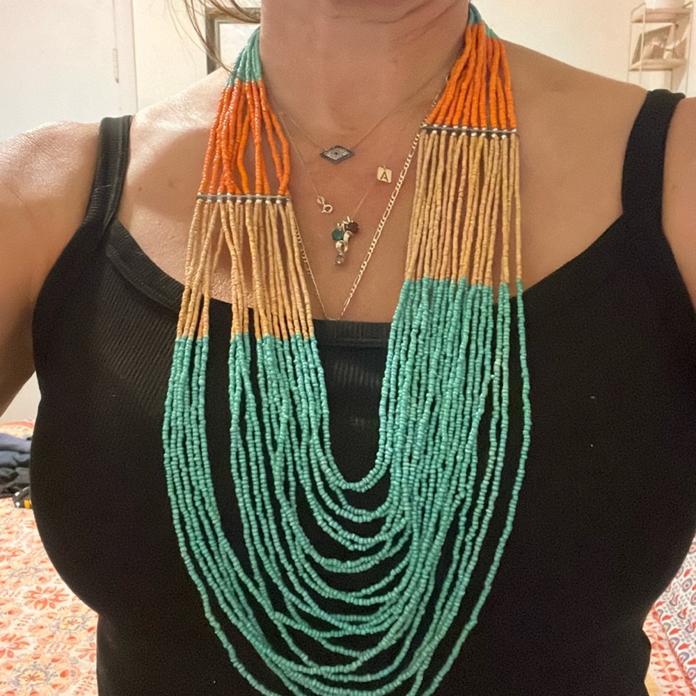 Turquoise, orange and tan beaded necklace